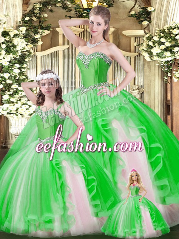  Green Lace Up Sweetheart Ruffles Sweet 16 Dresses Organza Sleeveless