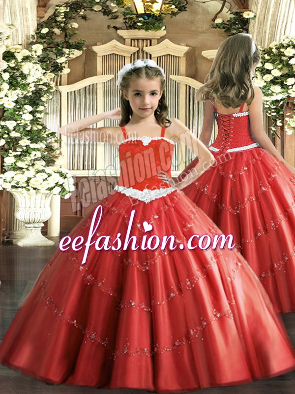  Straps Sleeveless Lace Up Pageant Dress Red Tulle