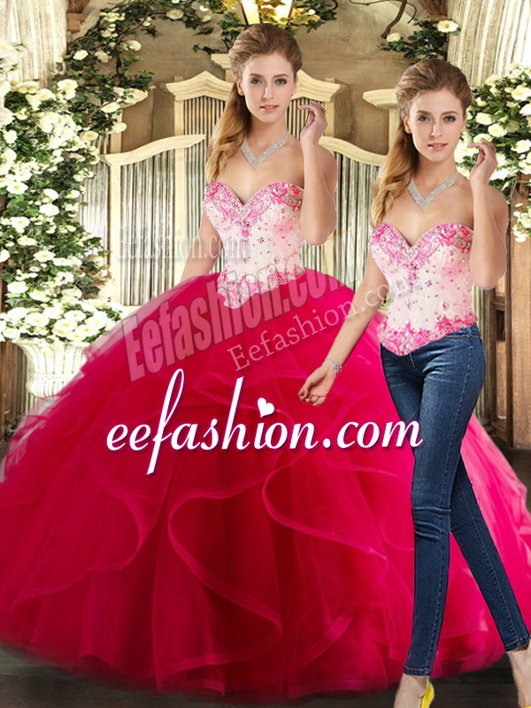 Glorious Hot Pink Sleeveless Organza Lace Up 15 Quinceanera Dress for Military Ball and Sweet 16 and Quinceanera