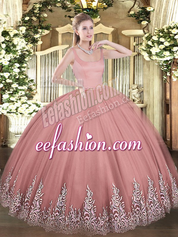  Sleeveless Tulle Floor Length Zipper 15 Quinceanera Dress in Rust Red with Appliques