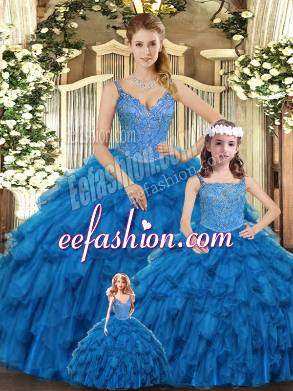 Fashionable Floor Length Teal Quince Ball Gowns Organza Sleeveless Beading and Ruffles