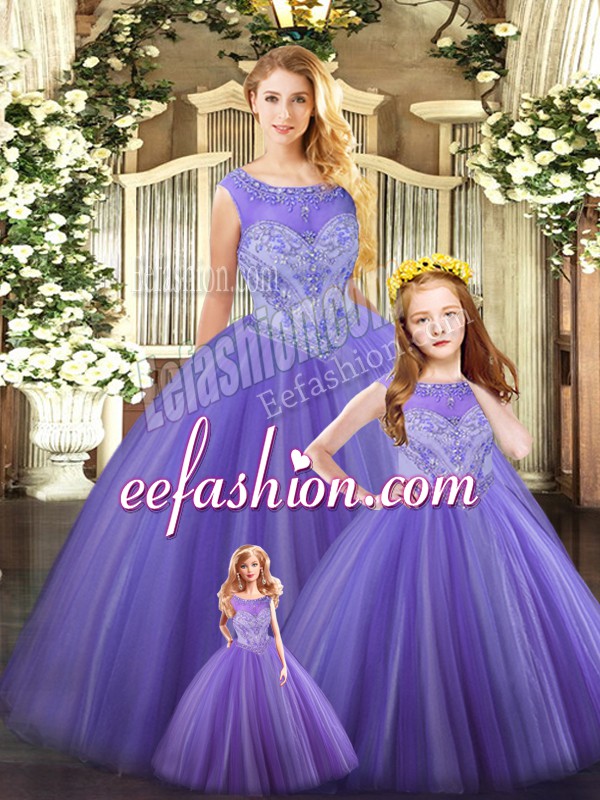  Lavender Tulle Lace Up Quinceanera Dresses Sleeveless Floor Length Beading