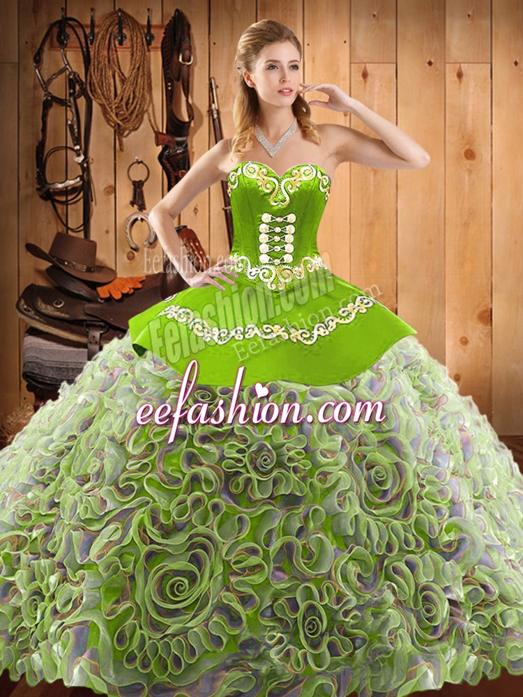 High End Multi-color Ball Gowns Embroidery 15th Birthday Dress Lace Up Satin and Fabric With Rolling Flowers Sleeveless With Train