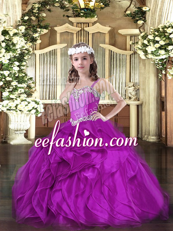  Organza Sleeveless Floor Length Little Girls Pageant Gowns and Beading and Ruffles