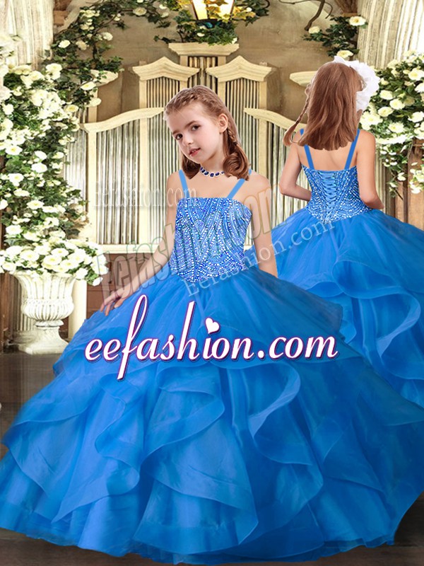 Attractive Ball Gowns Glitz Pageant Dress Blue Straps Organza Sleeveless Floor Length Lace Up