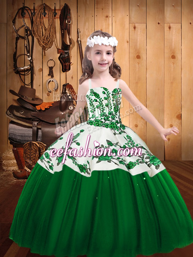  Dark Green Lace Up Straps Embroidery Pageant Dress for Teens Tulle Sleeveless