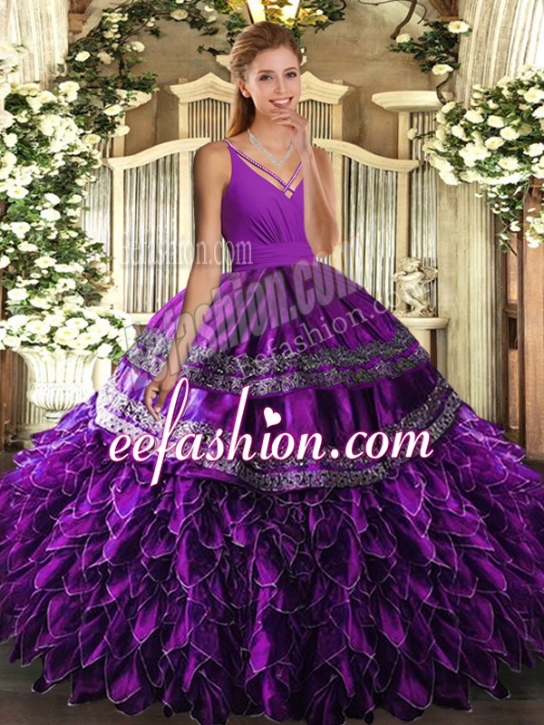 Elegant Purple Organza Backless Vestidos de Quinceanera Sleeveless Floor Length Ruffles