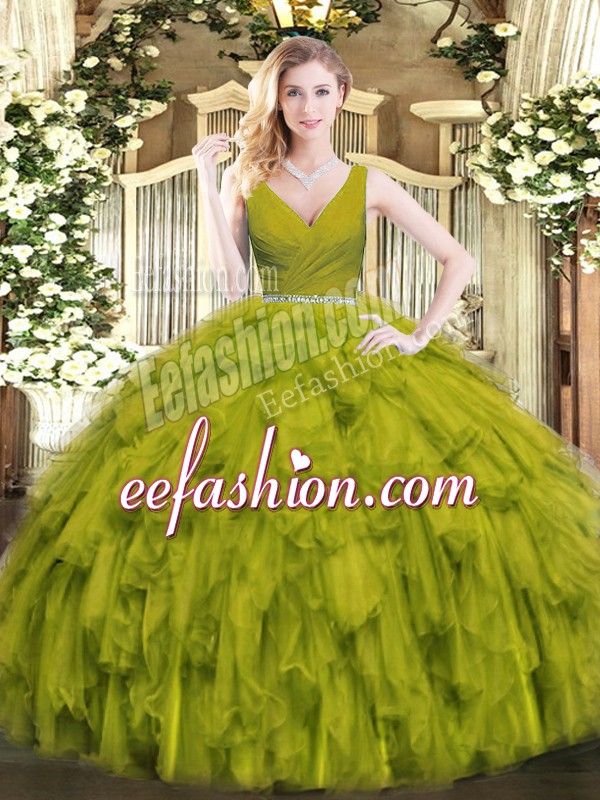  Olive Green Sleeveless Floor Length Beading and Ruffles Zipper Sweet 16 Quinceanera Dress