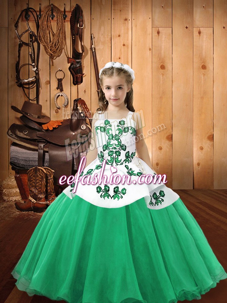 Eye-catching Turquoise Ball Gowns Straps Sleeveless Organza Floor Length Lace Up Embroidery Kids Pageant Dress