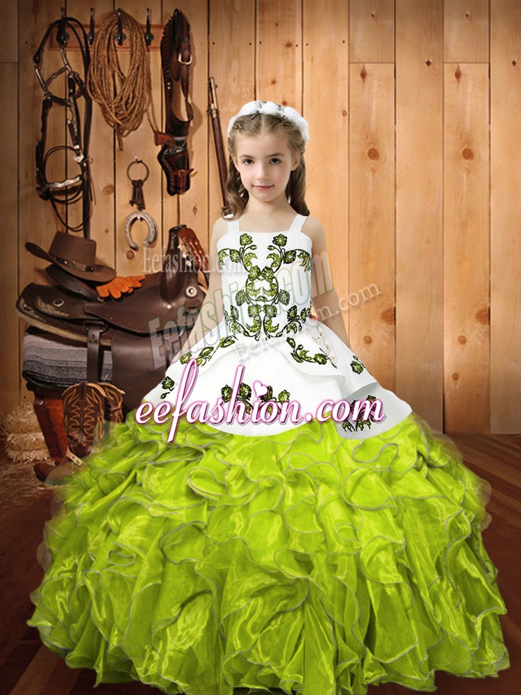 High Quality Yellow Green Pageant Gowns For Girls Sweet 16 with Embroidery and Ruffles Straps Sleeveless Lace Up
