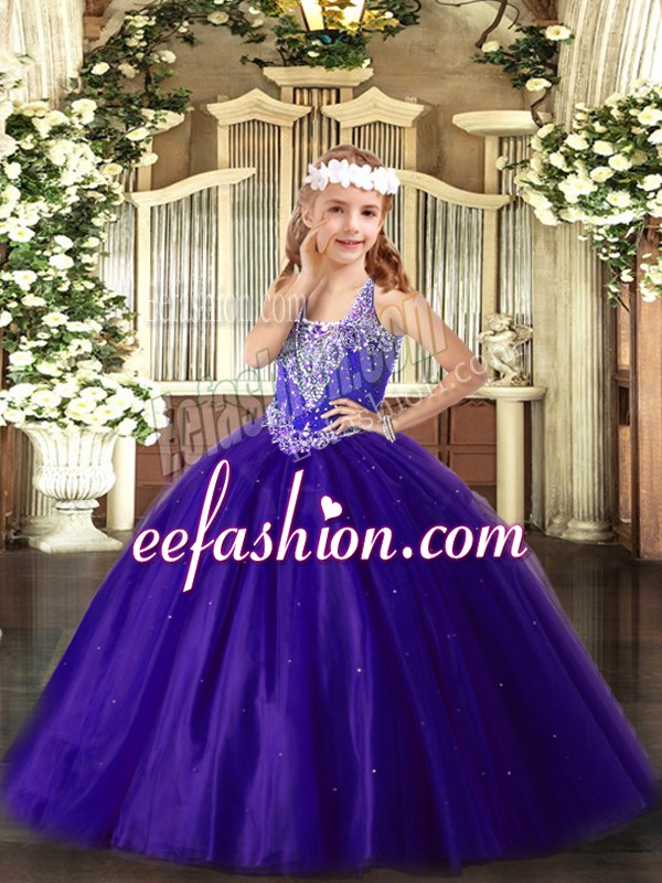  Purple Ball Gowns Beading Child Pageant Dress Lace Up Tulle Sleeveless Floor Length