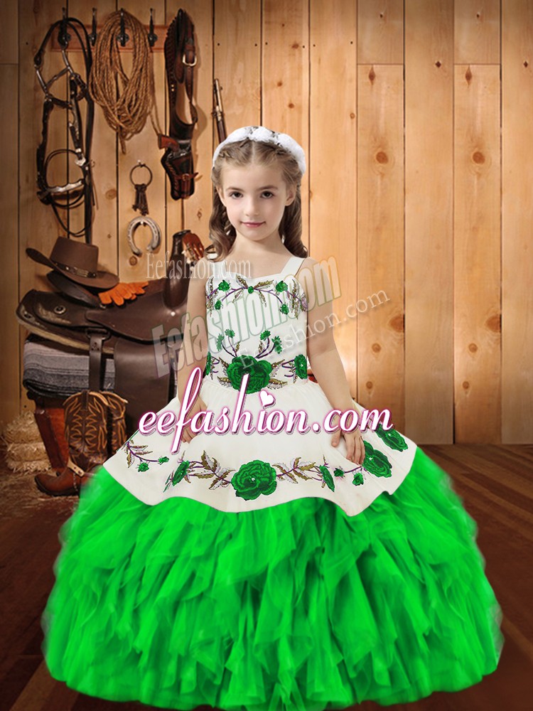  Organza Straps Sleeveless Lace Up Embroidery and Ruffles Little Girl Pageant Gowns in Green