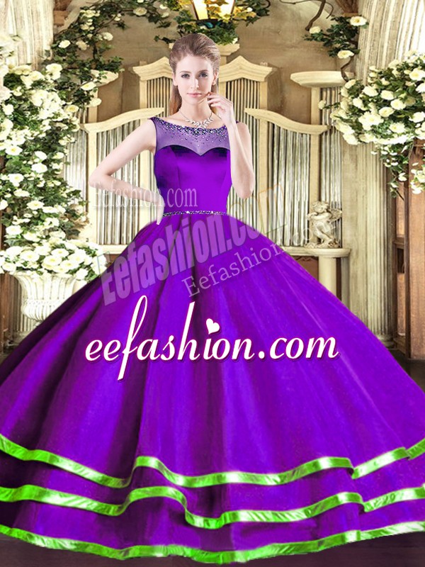  Purple Sleeveless Beading and Ruffled Layers Floor Length Quince Ball Gowns