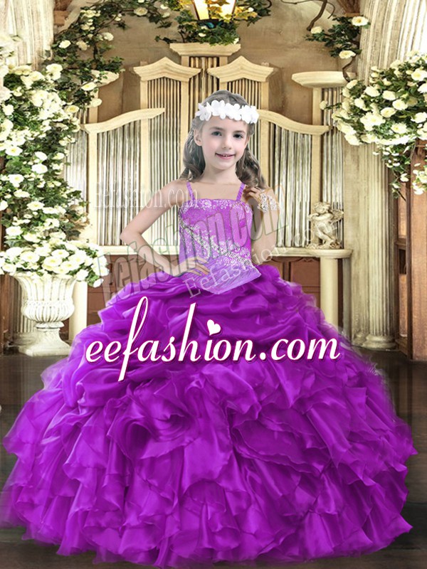  Straps Sleeveless Pageant Dress Floor Length Beading and Ruffles Purple Organza