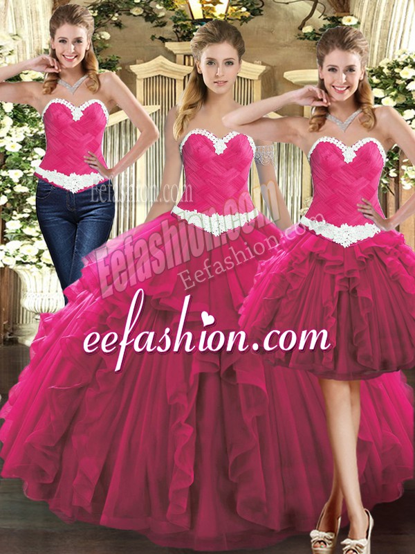  Floor Length Fuchsia Quince Ball Gowns Sweetheart Sleeveless Lace Up