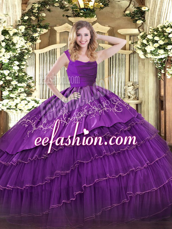  Eggplant Purple Sleeveless Embroidery and Ruffled Layers Floor Length 15 Quinceanera Dress