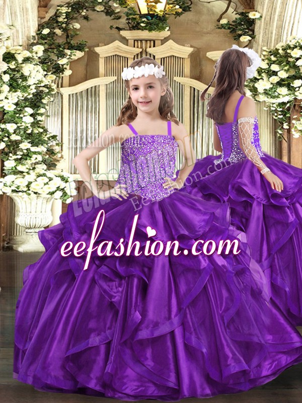 Unique Straps Sleeveless Lace Up High School Pageant Dress Purple Organza
