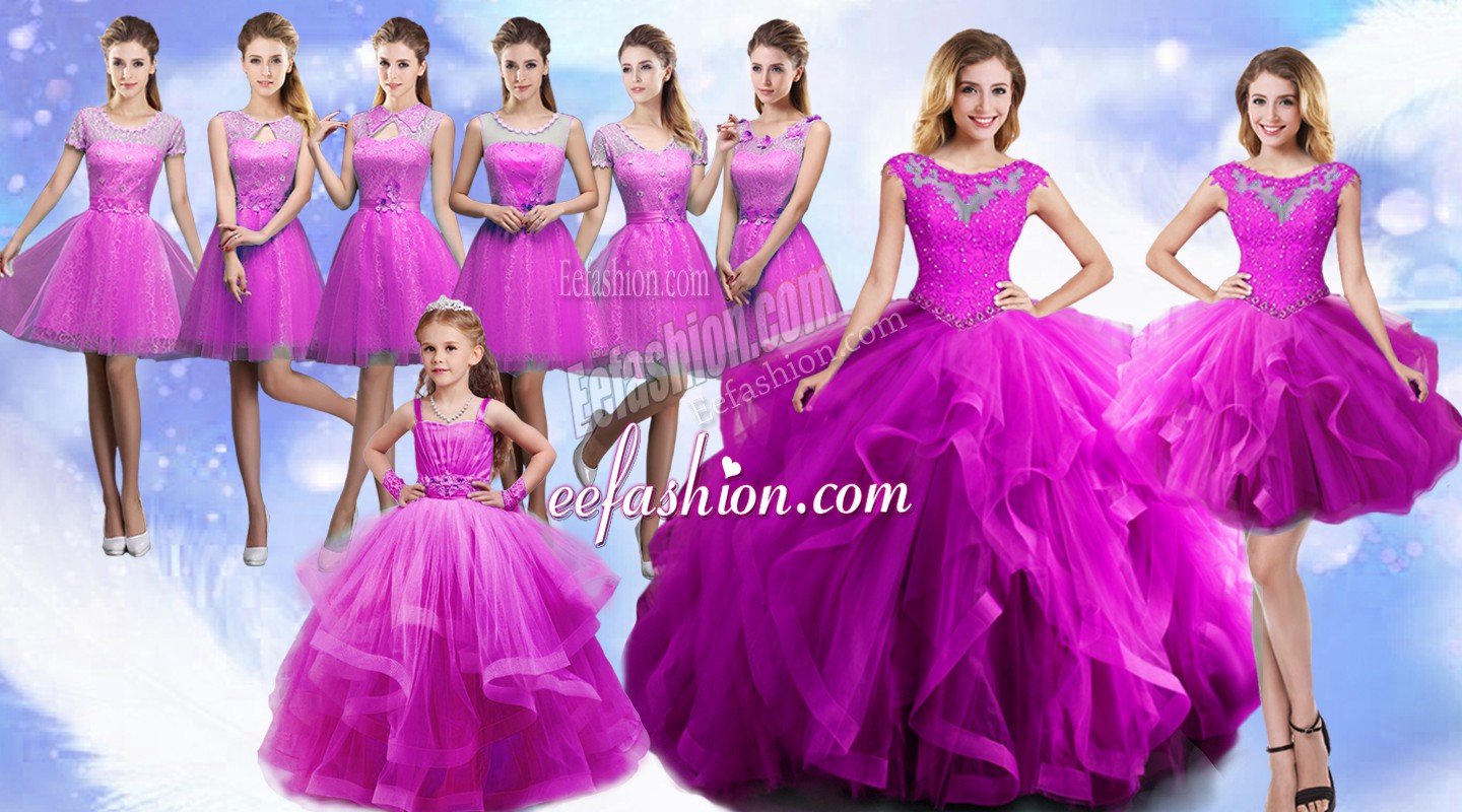 Dynamic Fuchsia Scoop Lace Up Beading and Ruffles Quinceanera Dress Sleeveless