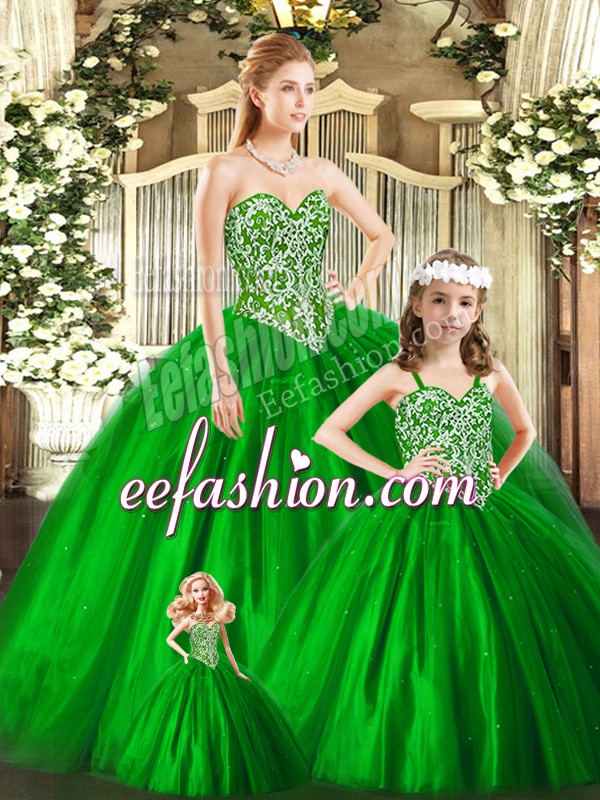  Green Sleeveless Beading Floor Length Quinceanera Gowns