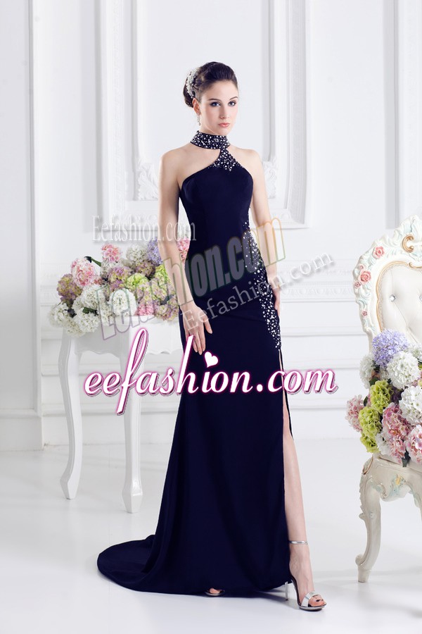  Sleeveless Elastic Woven Satin Sweep Train Lace Up Dress for Prom in Navy Blue with Beading