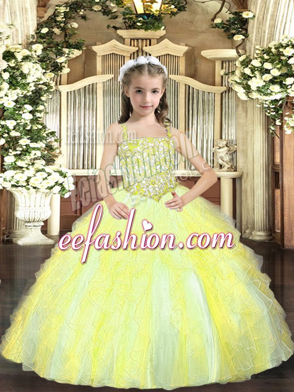  Sleeveless Floor Length Beading and Ruffles Lace Up Pageant Gowns For Girls with Yellow Green