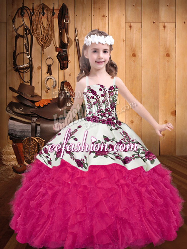  Hot Pink Organza Lace Up Little Girls Pageant Dress Sleeveless Floor Length Embroidery and Ruffles