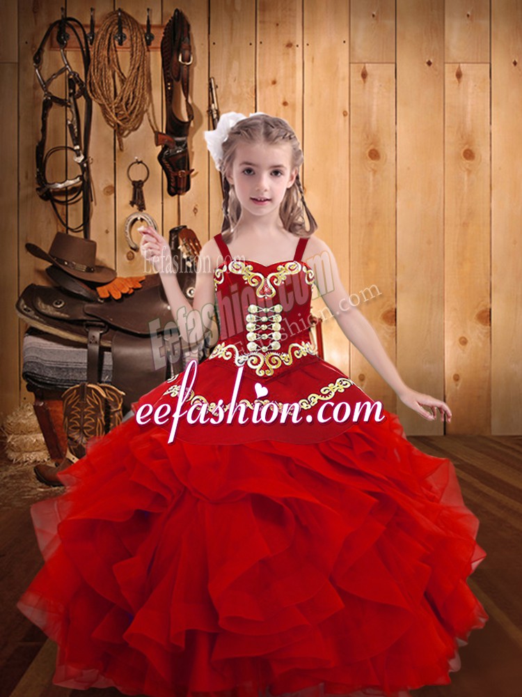 Cheap Red Ball Gowns Embroidery and Ruffles Girls Pageant Dresses Lace Up Organza Sleeveless Floor Length