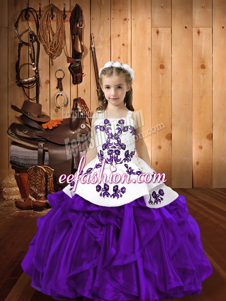  Eggplant Purple Lace Up Little Girls Pageant Dress Wholesale Embroidery and Ruffles Sleeveless Floor Length
