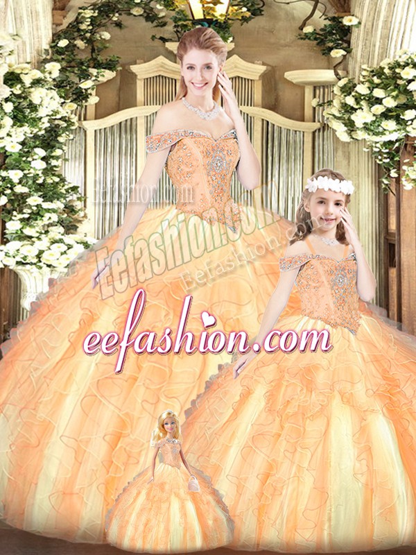 Spectacular Orange Red Quinceanera Dresses Military Ball and Sweet 16 and Quinceanera with Beading and Ruffles Off The Shoulder Sleeveless Lace Up