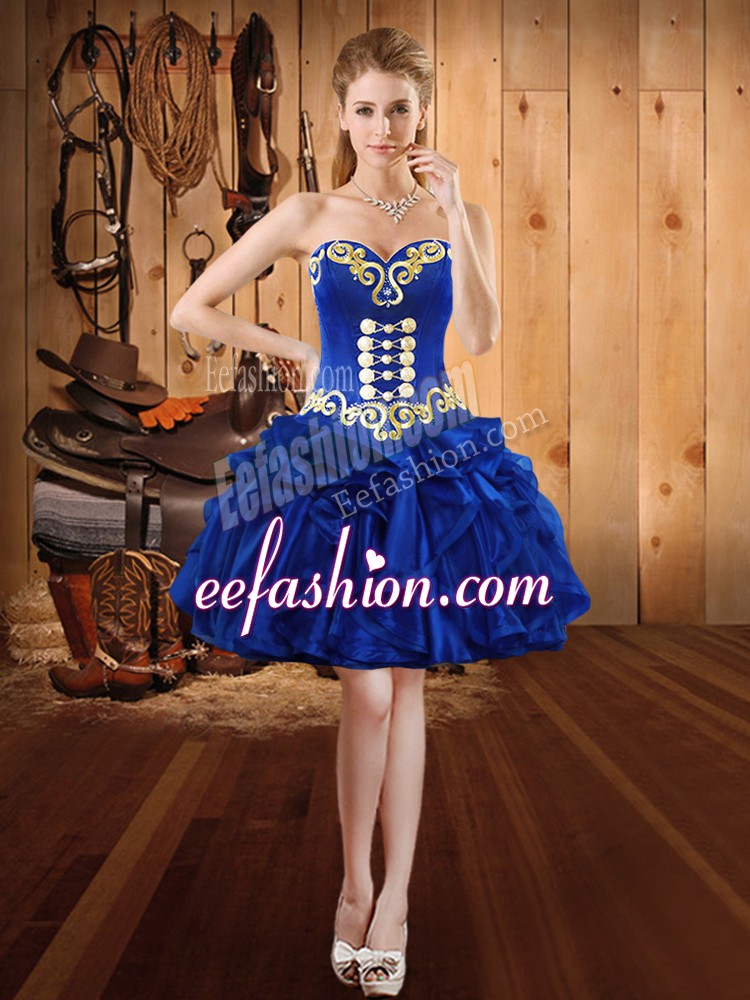 Top Selling Royal Blue Organza Lace Up Sweetheart Sleeveless Mini Length Dress for Prom Embroidery and Ruffles