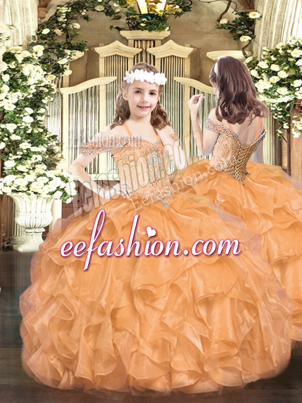 Simple Sleeveless Organza Floor Length Lace Up Pageant Dress for Teens in Orange with Beading and Ruffles