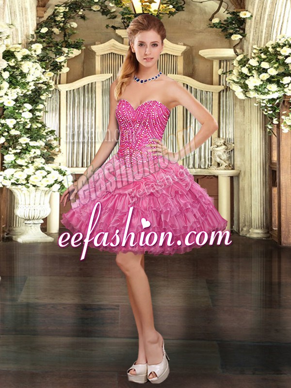 Trendy Rose Pink Sweetheart Neckline Beading and Ruffled Layers and Pick Ups Prom Party Dress Sleeveless Lace Up
