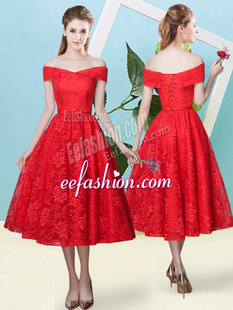 Smart Red Off The Shoulder Lace Up Bowknot Wedding Guest Dresses Cap Sleeves