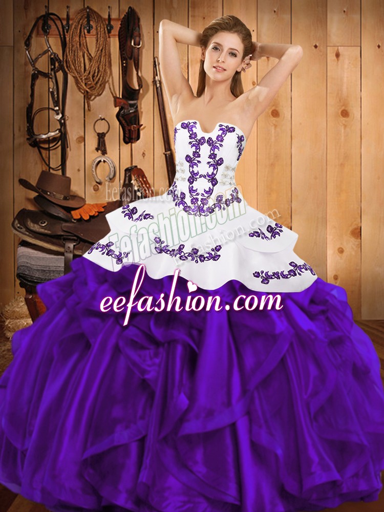 Exquisite Satin and Organza Sleeveless Floor Length Quinceanera Gowns and Embroidery and Ruffles