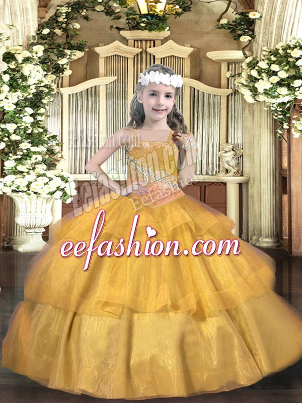 Exquisite Straps Sleeveless Lace Up High School Pageant Dress Gold Organza