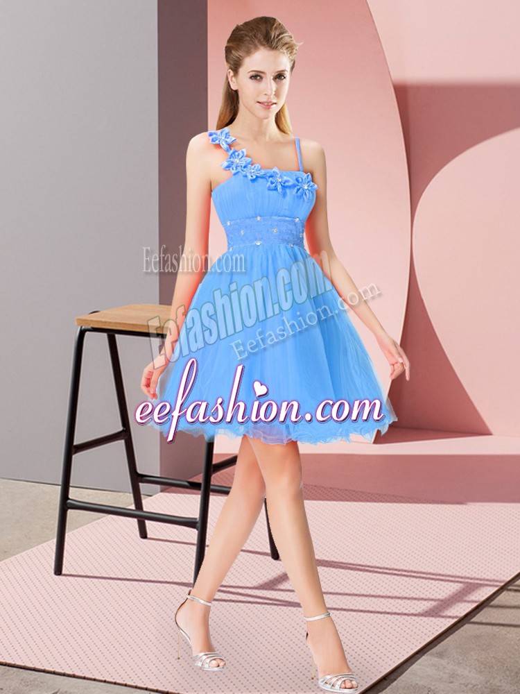  Sleeveless Zipper Mini Length Beading and Hand Made Flower Prom Dress