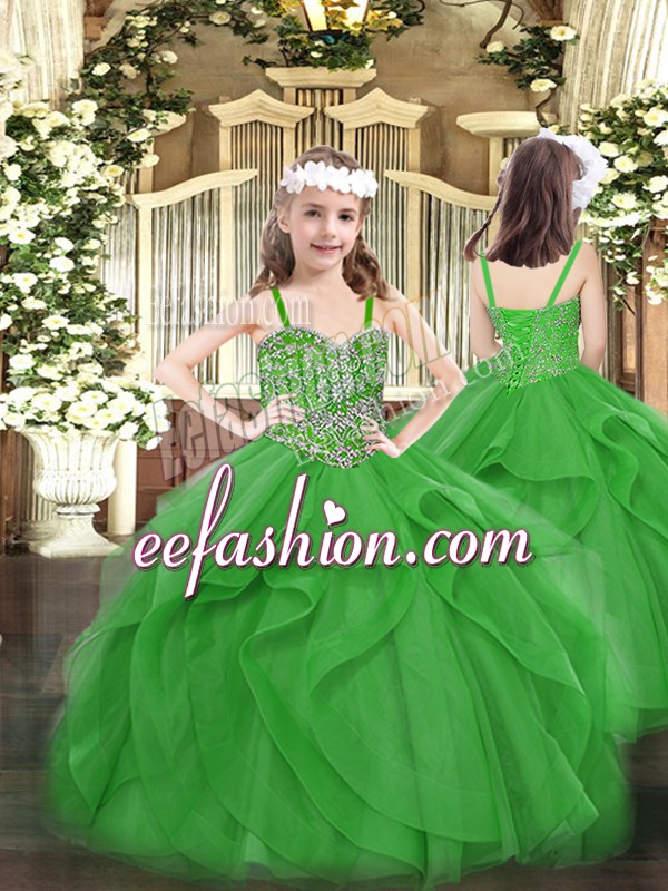 Admirable Green Ball Gowns Straps Sleeveless Tulle Floor Length Lace Up Beading and Ruffles Girls Pageant Dresses