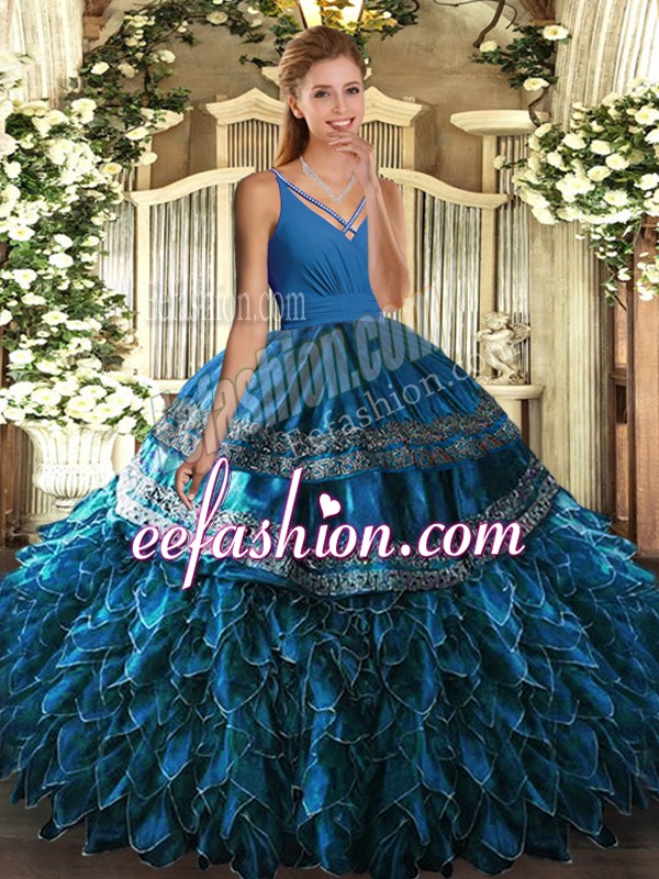 Popular Floor Length Blue 15 Quinceanera Dress Organza Sleeveless Ruffles