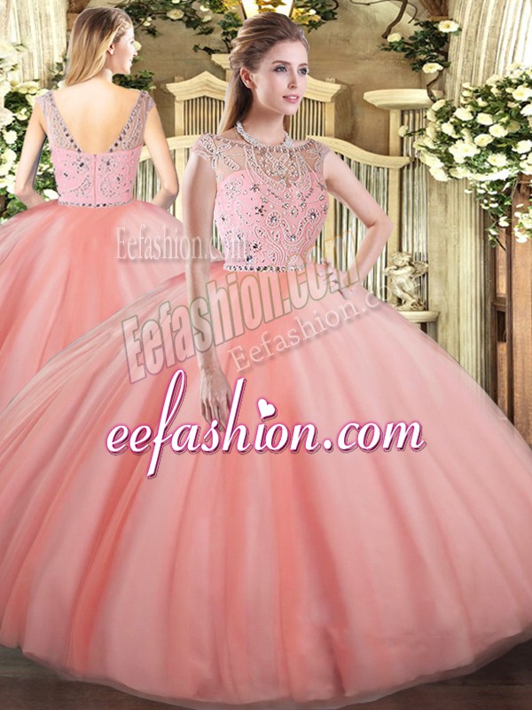 Attractive Peach Tulle Zipper 15 Quinceanera Dress Sleeveless Floor Length Beading
