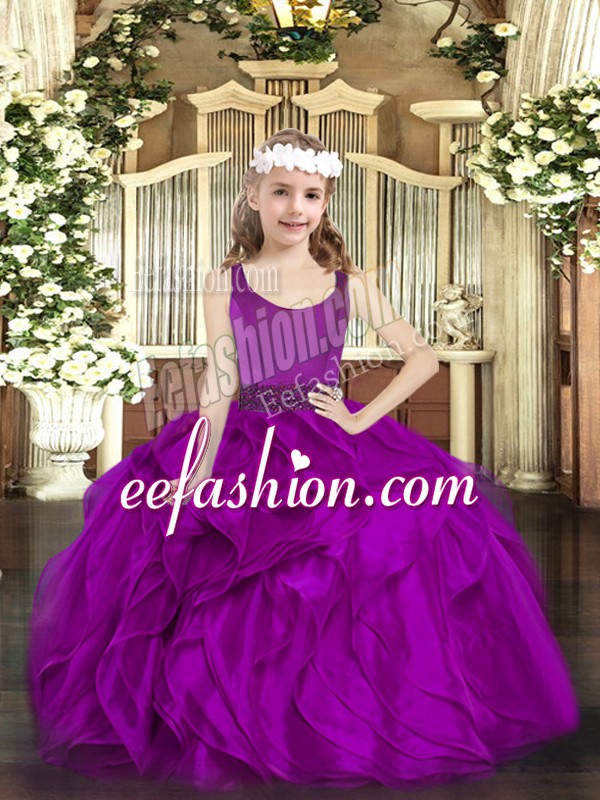 Affordable Fuchsia Ball Gowns Scoop Sleeveless Organza Floor Length Zipper Beading and Ruffles Girls Pageant Dresses