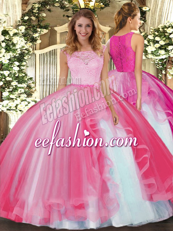 Free and Easy Ball Gowns Quinceanera Gown Hot Pink Scoop Tulle Sleeveless Floor Length Clasp Handle