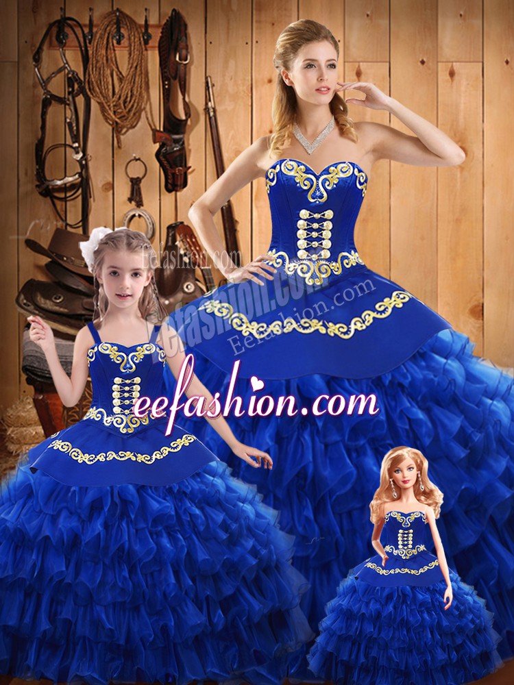  Sweetheart Sleeveless Quinceanera Dress Floor Length Embroidery and Ruffled Layers Blue Satin and Organza