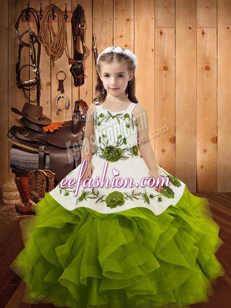  Sleeveless Lace Up Floor Length Embroidery and Ruffles Little Girls Pageant Dress Wholesale