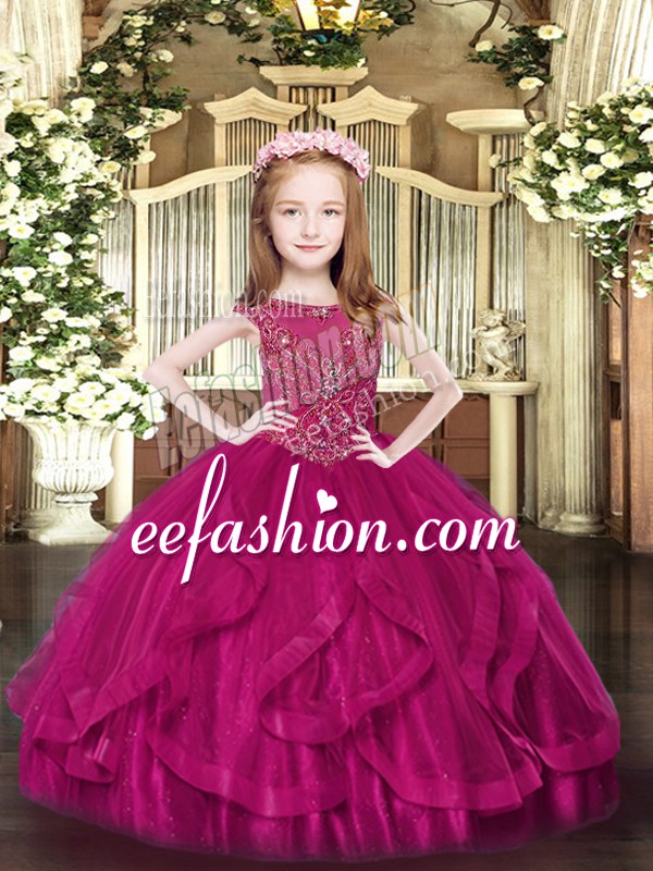 Classical Fuchsia Ball Gowns Tulle Scoop Sleeveless Beading and Ruffles Floor Length Zipper Little Girls Pageant Gowns