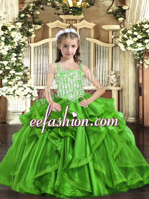  Sleeveless Organza Floor Length Lace Up Glitz Pageant Dress in Green with Beading and Ruffles