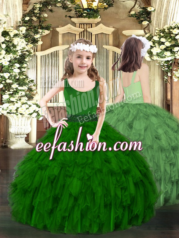 New Style Ball Gowns Pageant Gowns Dark Green Scoop Organza Sleeveless Floor Length Zipper