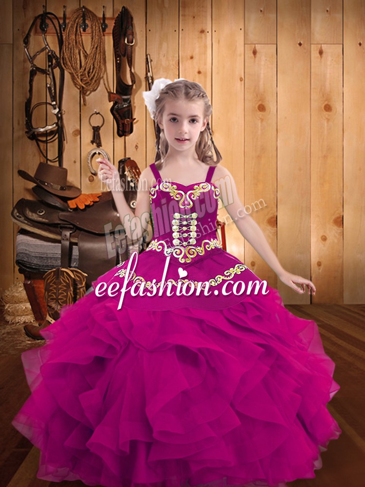  Sleeveless Lace Up Floor Length Embroidery and Ruffles Child Pageant Dress