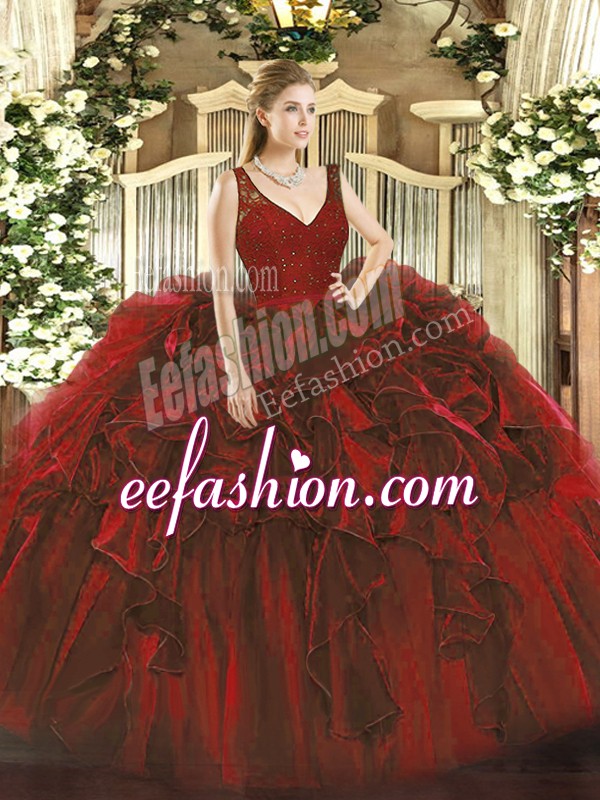 Exceptional Wine Red Zipper Sweet 16 Dresses Beading and Ruffles Sleeveless Floor Length