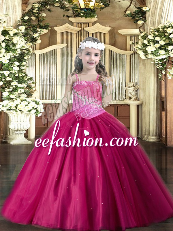 Low Price Tulle Straps Sleeveless Lace Up Beading Pageant Dress for Womens in Fuchsia