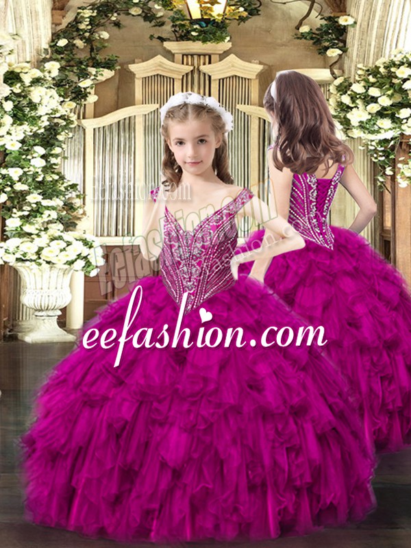  Sleeveless Floor Length Beading and Ruffles Lace Up Pageant Dress for Teens with Fuchsia